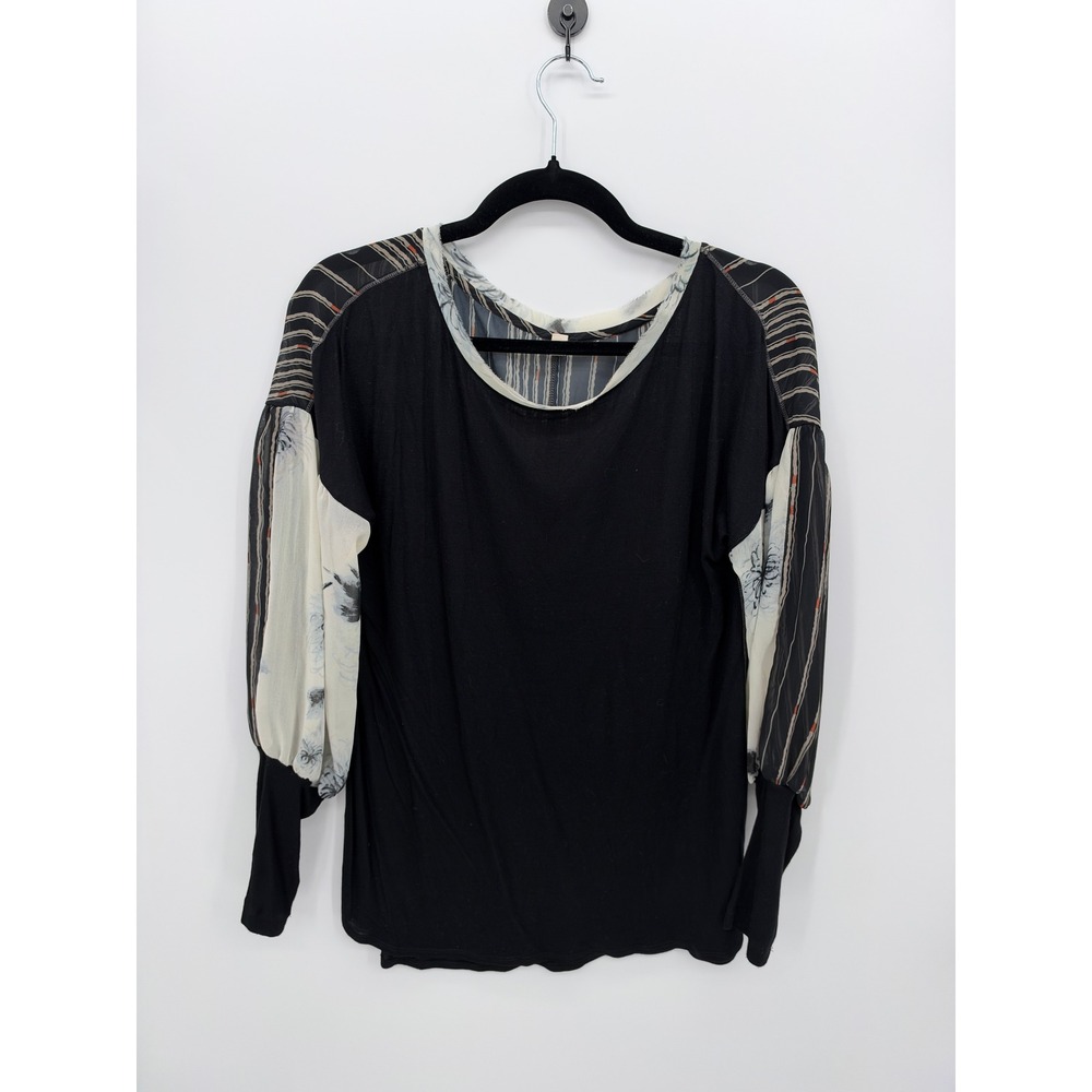 Tiny Anthropologie Black Mixed Media Floral Stripe Balloon Sleeve Top Size M